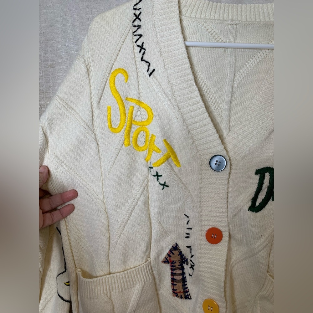 Embroidered V Neck Cardigan Size S Artsy Chunky E Girl Teacher Schoolgirl Unique - Picture 5 of 12